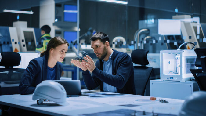 Mann und Frau sitzen in einem Design Labor und unterhalten sich